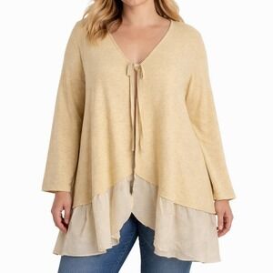 LOGO‎ Lori Goldstein Open Front Cardigan Size 3X Yellow Ruffle Hem Boho Layered